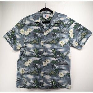 Nui Nalu Hawaiian Shirt Mens Blue Woodie Car Surfboard Tropical Made in USA L